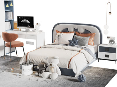 现代儿童双人床、书桌椅组合