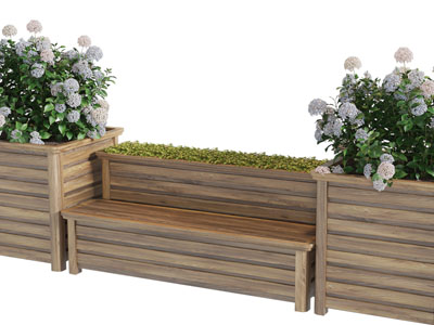 现代户外实木花盆盆栽花草植物、公共椅子