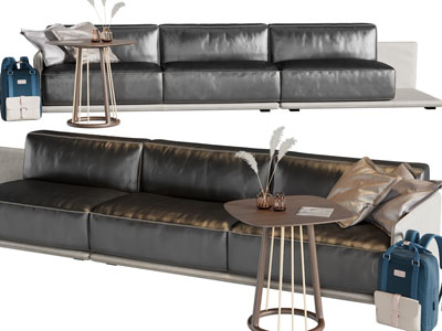 现代真皮多人沙发、边几