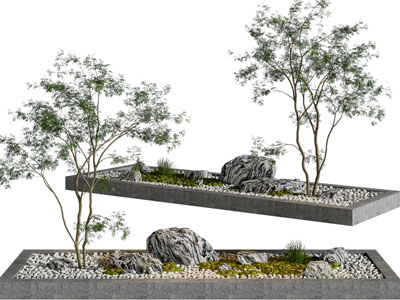 新中式石头、树木景观小品