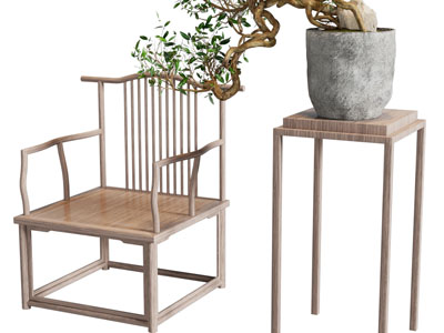 新中式实木扶手椅、休闲椅子、花架盆景