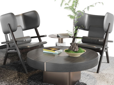 现代黑色实木休闲椅子、茶几组合