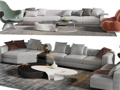 现代布艺转角沙发、休闲椅子和茶几组合