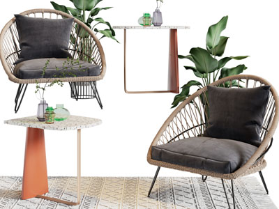 北欧藤编休闲椅子、边几