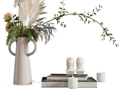 侘寂风花瓶花卉、书籍、烛台摆件组合