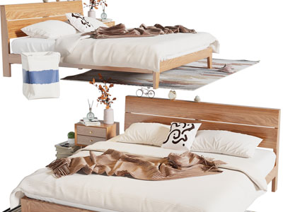 北欧实木双人床、床头柜
