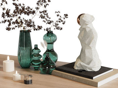 现代雕塑雕刻、花瓶花卉、烛台摆件组合