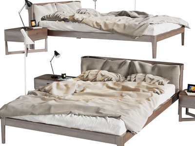 北欧实木双人床、床头柜