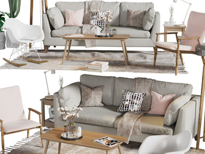 北欧多人沙发、休闲椅子和茶几组合