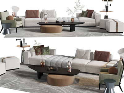 现代多人沙发、沙发凳和茶几组合