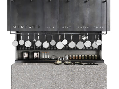 工业风loft咖啡店挂满平底锅的吧台