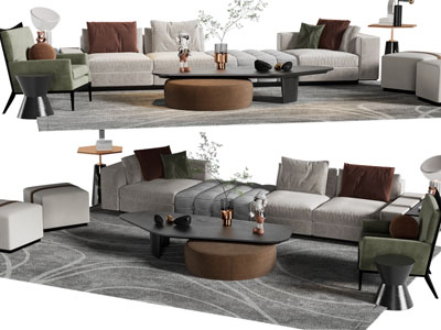 现代多人沙发、休闲椅子、茶几组合