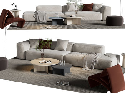 现代布艺多人沙发、沙发凳和茶几组合