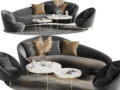现代弧形多人、单人沙发和茶几组合