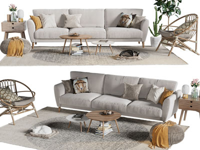北欧布艺多人沙发、休闲椅子和茶几组合