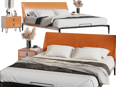 现代橙色床头双人床、床头柜