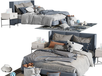 现代男孩双人床、床头柜