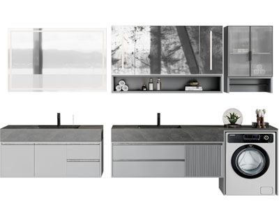 现代悬挂式洗手台、镜柜