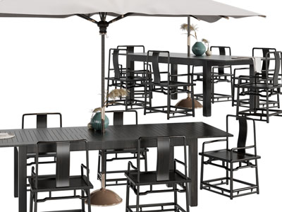 新中式户外餐桌椅组合、遮阳伞