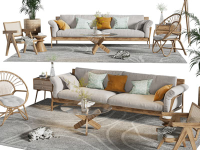 北欧双人沙发、休闲椅子和茶几组合