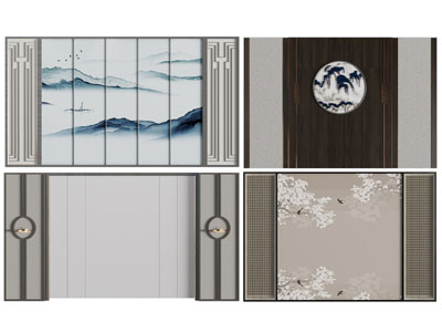 新中式背景墙3d模型 新中式背景墙