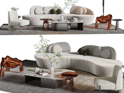 侘寂风多人、单人沙发和茶几组合
