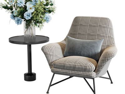 现代方格图案的休闲沙发椅子、边几3d模型 现代方格图案的休闲沙发椅子、边几