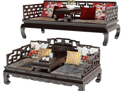 中式雕花实木罗汉床、双人沙发3d模型 中式雕花实木罗汉床、双人沙发