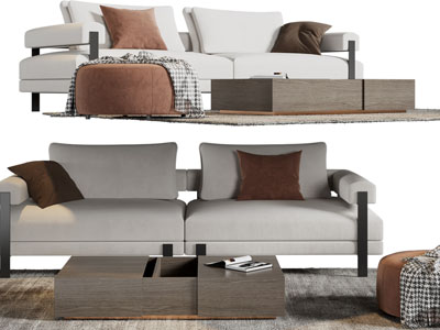 现代双人沙发、圆形坐墩和茶几组合