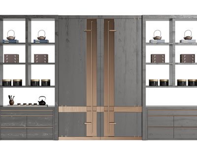 新中式双扇平开门和装饰柜