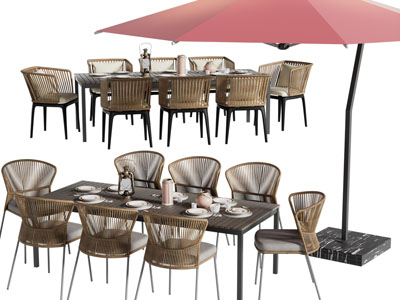 现代户外餐桌椅组合、遮阳伞