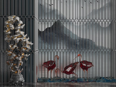 新中式仙鹤、假山室内景观小品