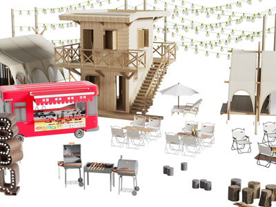 现代户外露营营地烧烤架、餐桌椅组合、木屋帐篷