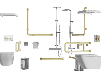 现代老人残疾人无障碍带扶手的马桶、淋浴花洒