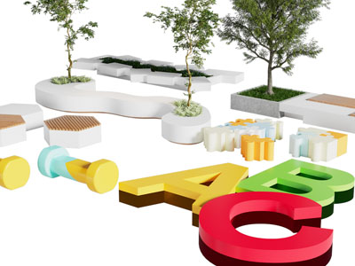 现代户外花坛绿化、公共椅子