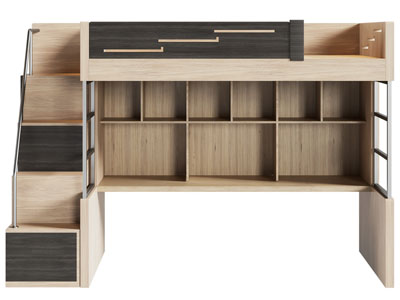 现代实木带书桌的上下床