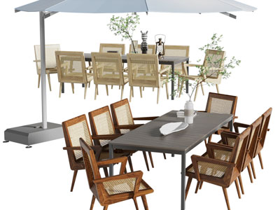 侘寂风户外餐桌椅组合、遮阳伞