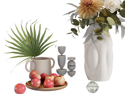 侘寂风花瓶花卉、果盘摆件组合