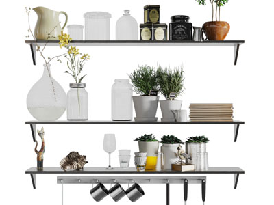 现代隔板上玻璃调味瓶、茶具杯子摆件组合