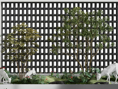 现代树木、花草、小羊雕塑景观园艺小品