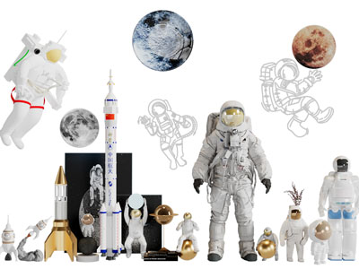 现代宇航员雕塑雕刻摆件组合
