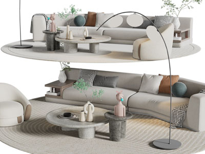 侘寂风多人沙发、懒人沙发和茶几组合