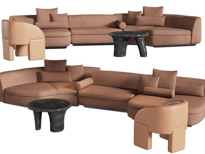 现代棕色转角多人沙发、茶几组合