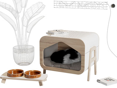 现代实木猫屋、猫碗