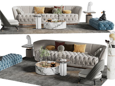 现代轻奢多人沙发、沙发凳、休闲椅和茶几组合