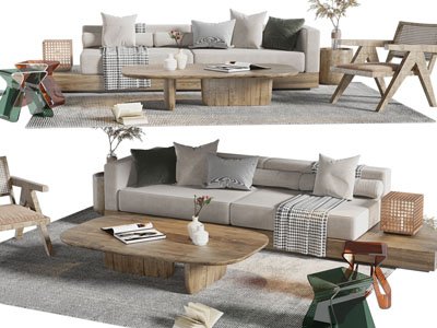 侘寂风多人沙发、休闲椅子和茶几组合