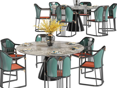 新中式圆形餐桌椅组合