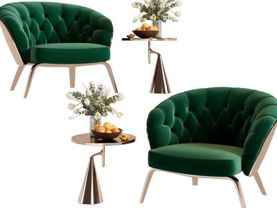 现代轻奢单人沙发、边几3d模型 现代轻奢单人沙发、边几