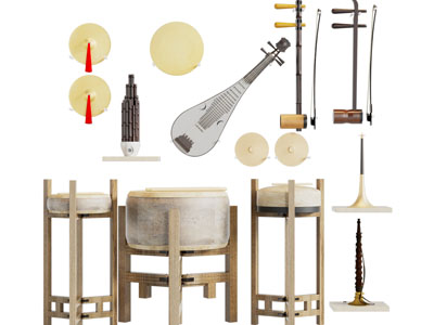 新中式大鼓、二胡、琵琶乐器3d模型 新中式大鼓、二胡、琵琶乐器