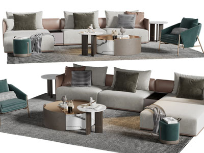 现代转角多人沙发、休闲椅子和茶几组合